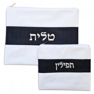 White Tallit and Tefillin Bag Set in Faux Leather - Silver Embroidery on Black Stripe