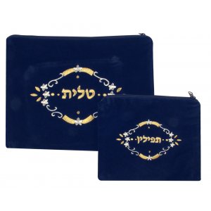 Flower Design Dark Blue Velvet Tallit and Tefillin Bags