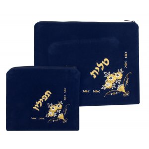 Flowers design Dark Blue Velvet Tallit and Tefillin Bags