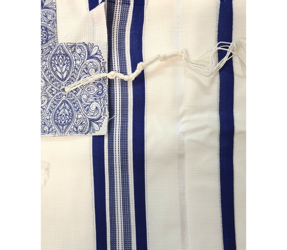 Acrylic Non-Slip Tallit, Textured Checkerboard Weave - Silver and Blue Stripes