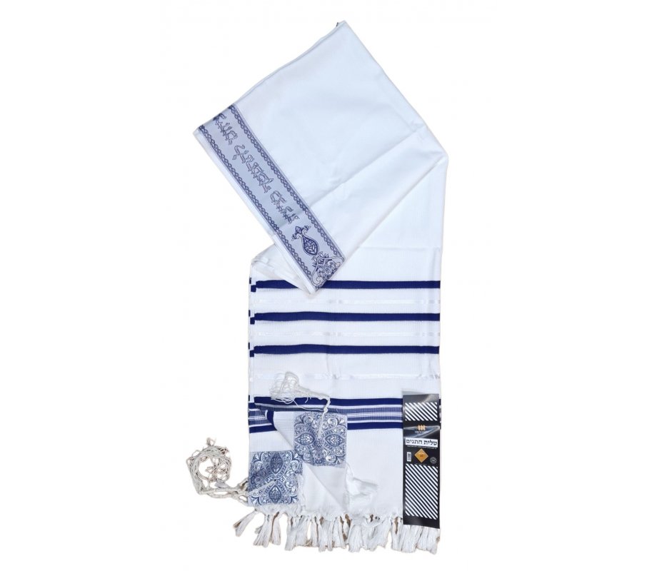 Acrylic Non-Slip Tallit, Textured Checkerboard Weave - Silver and Blue Stripes
