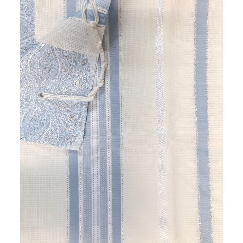 Acrylic Non-Slip Tallit, Textured Checkerboard Weave - Sky Blue and Silver Stripes