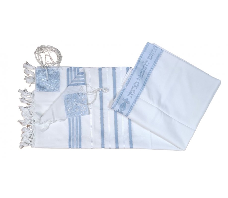 Acrylic Non-Slip Tallit, Textured Checkerboard Weave - Sky Blue and Silver Stripes
