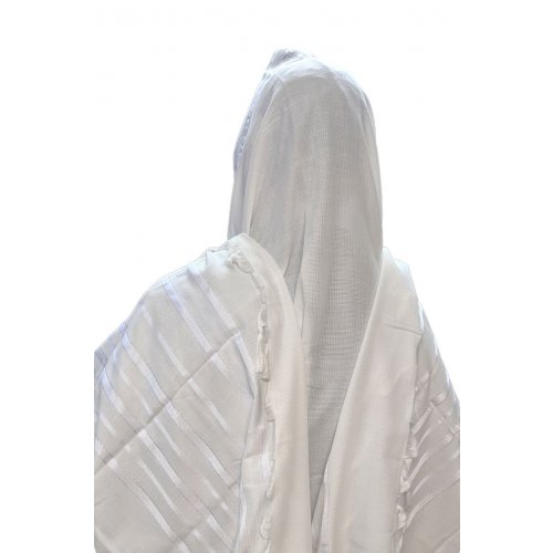 Acrylic Non-Slip Tallit, Textured Checkerboard Weave  White and Silver Stripes