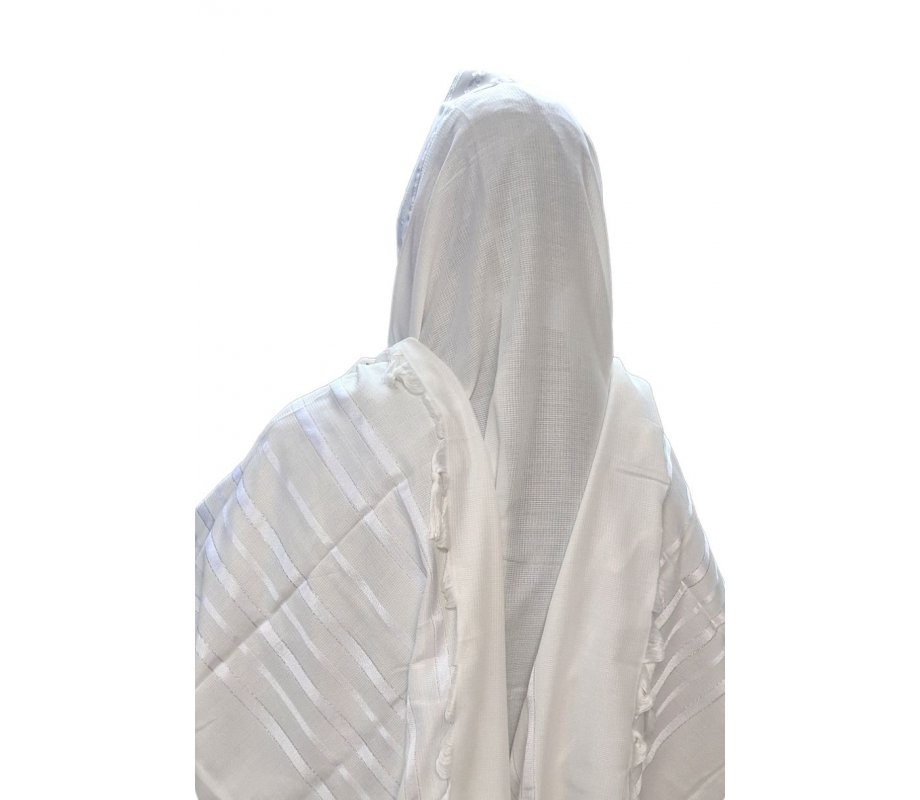 Acrylic Non-Slip Tallit, Textured Checkerboard Weave – White and Silver Stripes