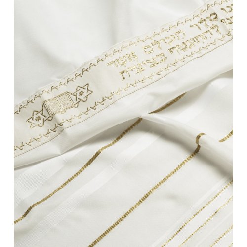 Acrylic Tallit (imitation Wool) Prayer Shawl with White and Gold Stripes by Talitnia