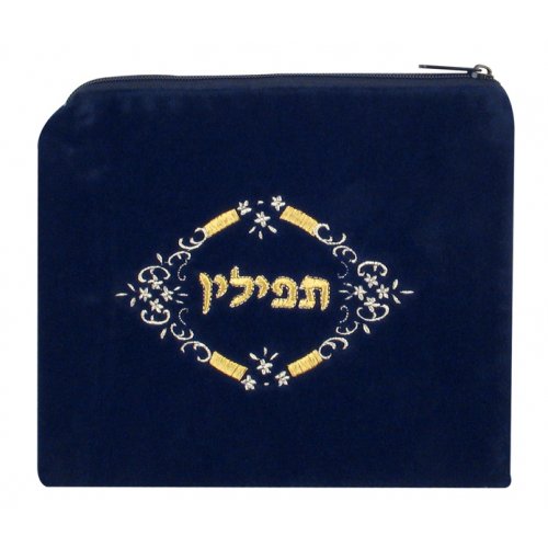 Dark Blue Velvet Tefillin Bag with White & Gold Flowers Design