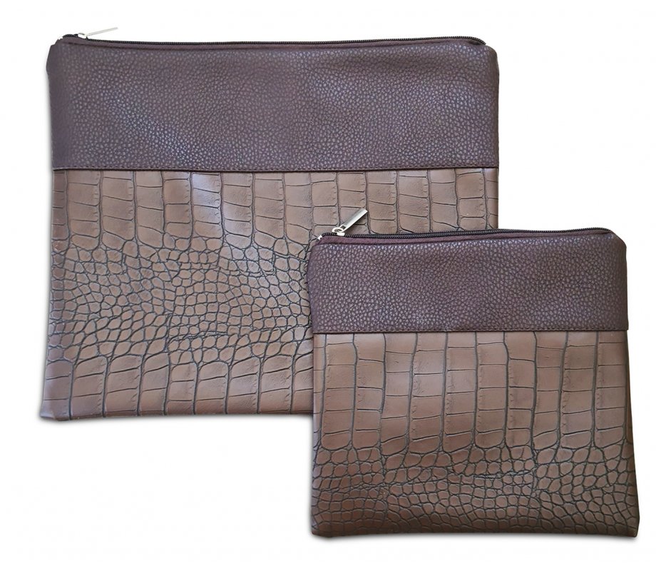 Faux Leather Tallit and Tefillin Bag Set with Crocodile Design – Chocolate Brown