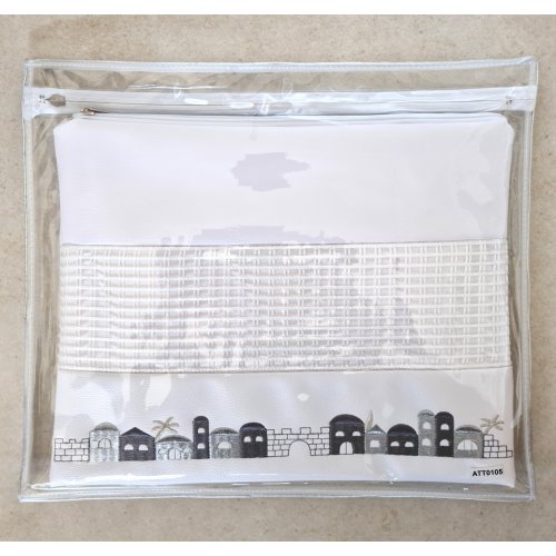 Faux Leather Tallit and Tefillin Bag, White - Gray and Silver Jerusalem Images