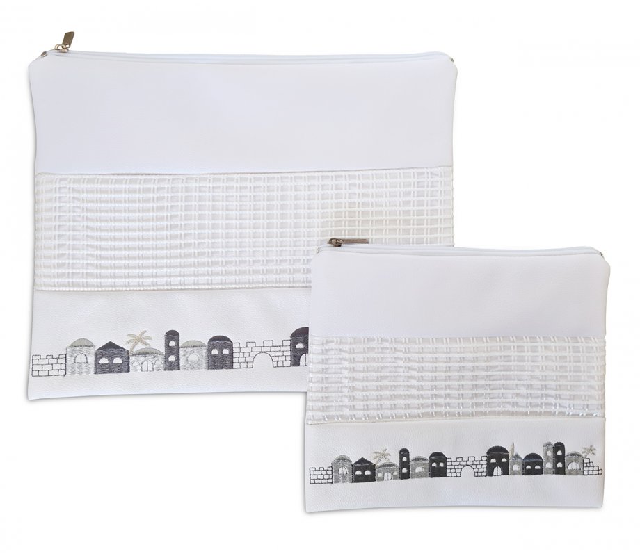 Faux Leather Tallit and Tefillin Bag, White - Gray and Silver Jerusalem Images