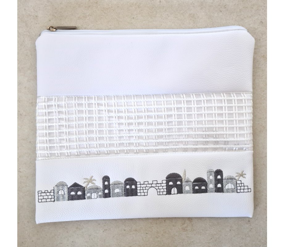Faux Leather Tallit and Tefillin Bag, White - Gray and Silver Jerusalem Images