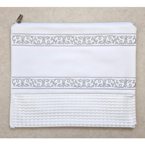 Faux Leather Tallit and Tefillin Bag with Silver Embroidered Bands  Off-White