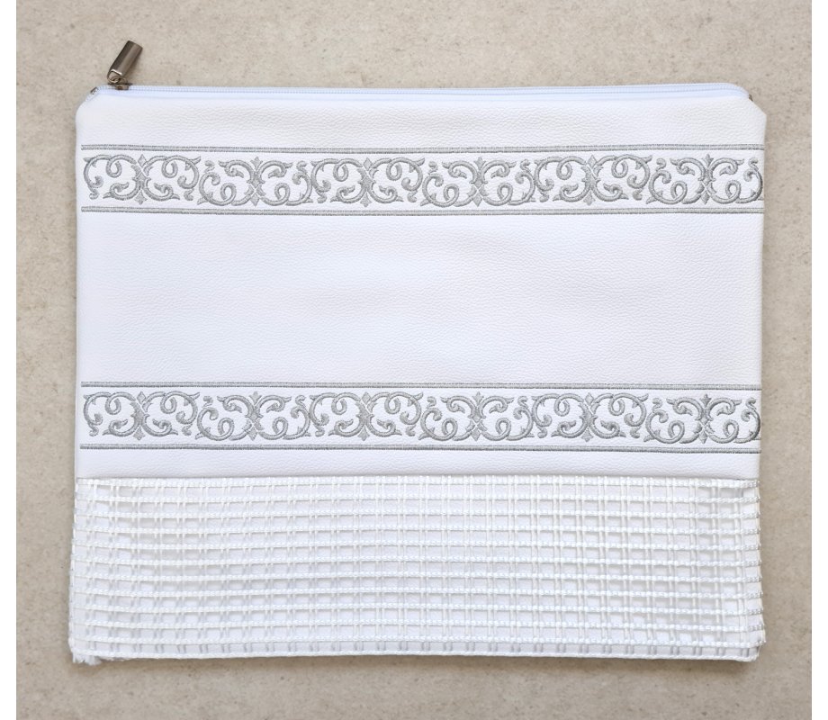 Faux Leather Tallit and Tefillin Bag with Silver Embroidered Bands – Off-White