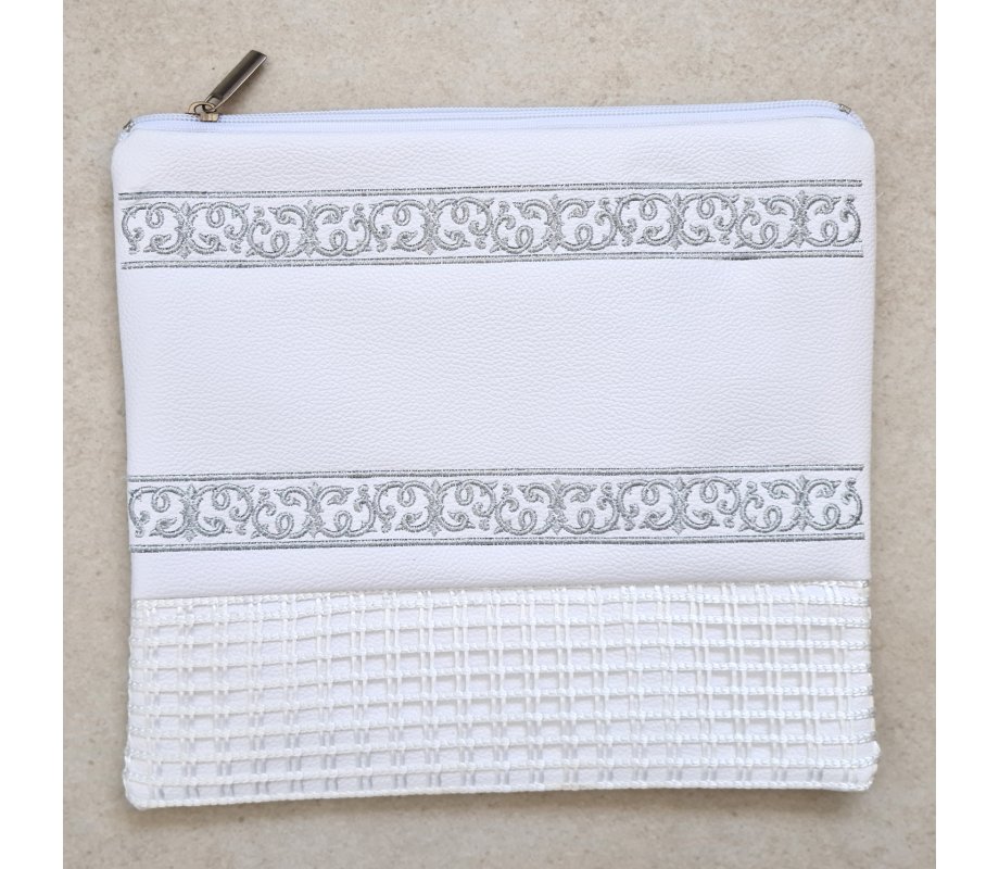 Faux Leather Tallit and Tefillin Bag with Silver Embroidered Bands – Off-White