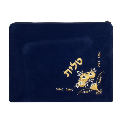 Flowers design Dark Blue Velvet Tallit and Tefillin Bags