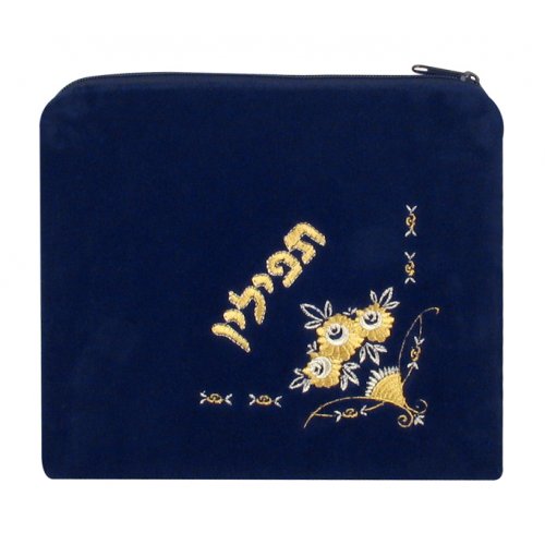 Flowers design Dark Blue Velvet Tallit and Tefillin Bags