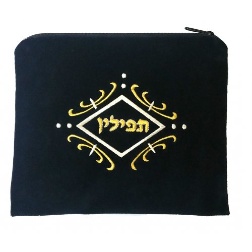 Gold White Swirl Design Dark Blue Velvet Tallit and Tefillin Bags