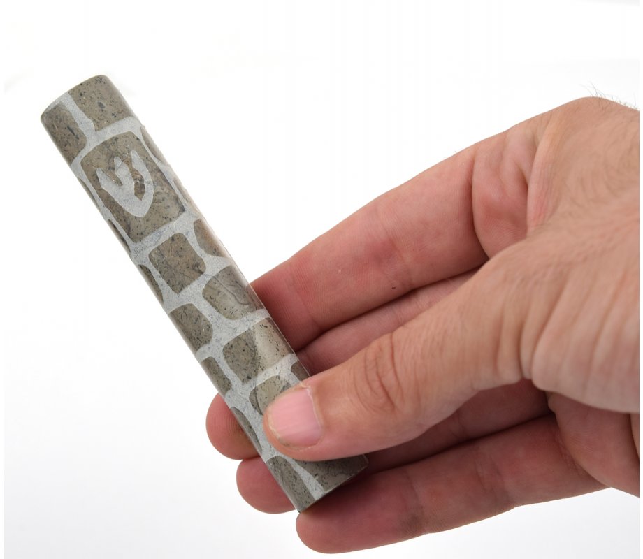 Jerusalem Stone Mezuzah Case with Western Wall Image, Gray and White - 4.3