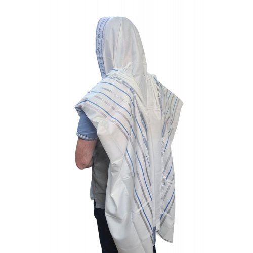 Noam Acrylic Non-Slip Lightweight Tallit Prayer Shawl - Silver and Light Blue Stripes