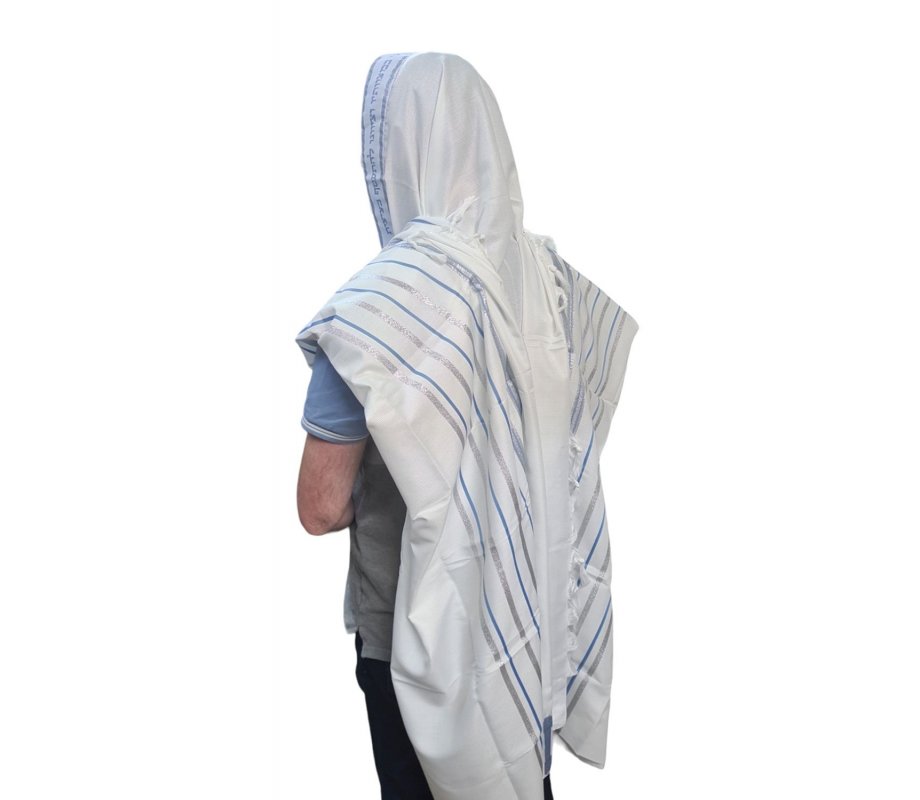 Noam Acrylic Non-Slip Lightweight Tallit Prayer Shawl - Silver and Light Blue Stripes