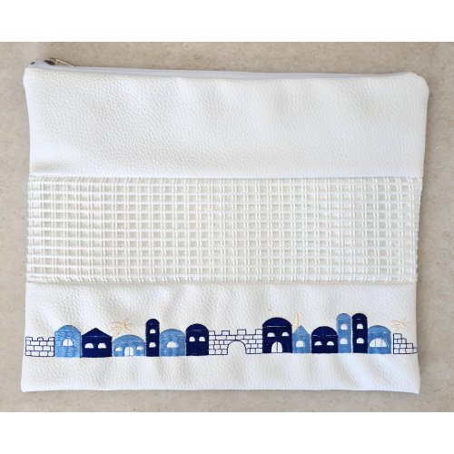 Tallit and Tefillin Bag Set in White Faux Leather, Embroidered  Jerusalem Images