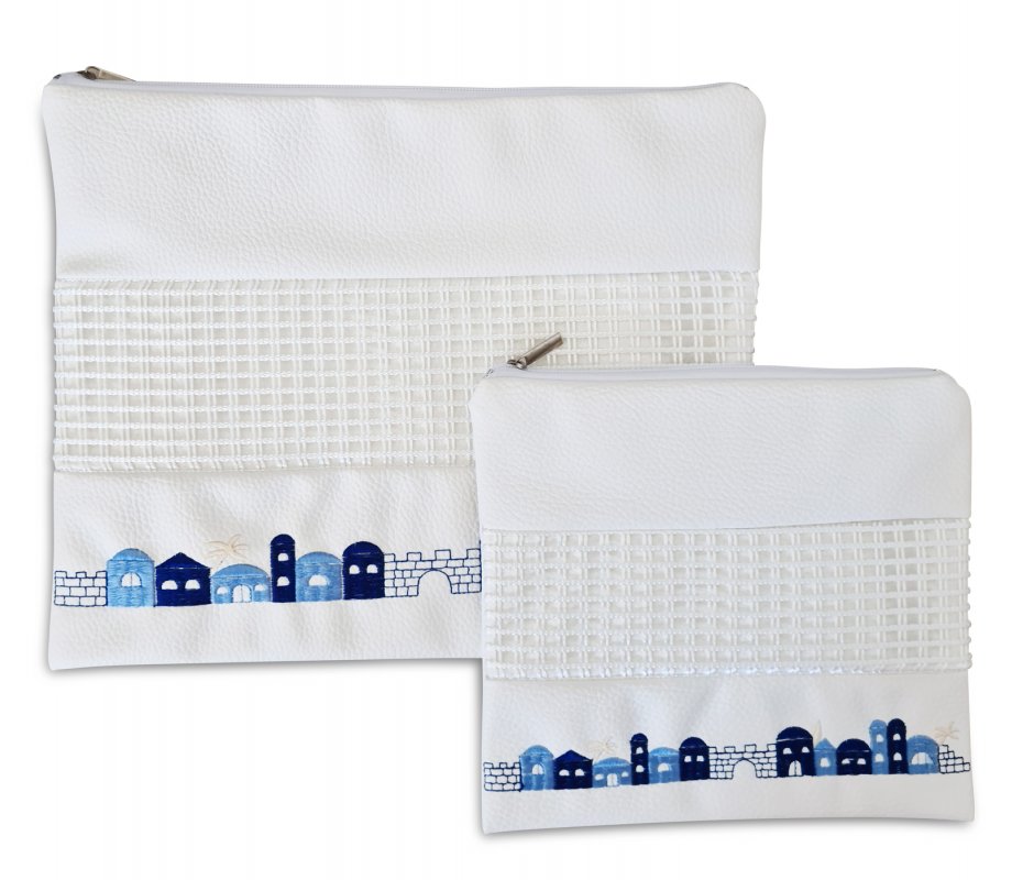 Tallit and Tefillin Bag Set in White Faux Leather, Embroidered – Jerusalem Images