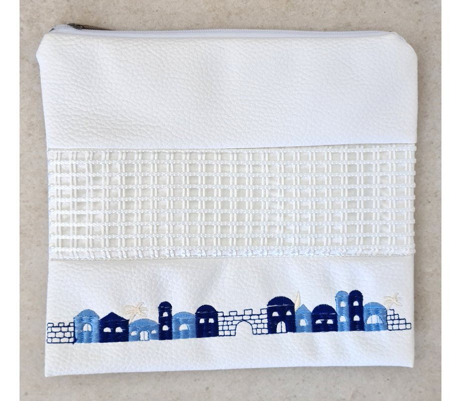 Tallit and Tefillin Bag Set in White Faux Leather, Embroidered – Jerusalem Images