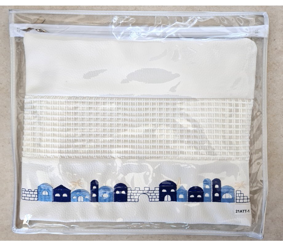 Tallit and Tefillin Bag Set in White Faux Leather, Embroidered – Jerusalem Images