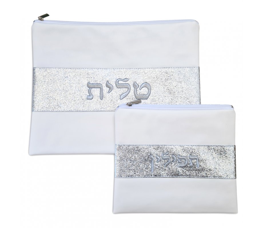 Tallit and Tefillin Bag in Off-White Faux Leather Glittering Silver Band Embroidered