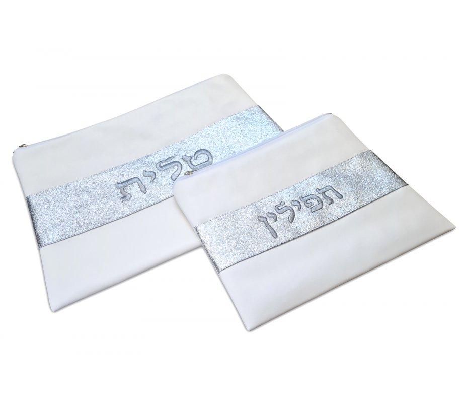 Tallit and Tefillin Bag in Off-White Faux Leather Glittering Silver Band Embroidered