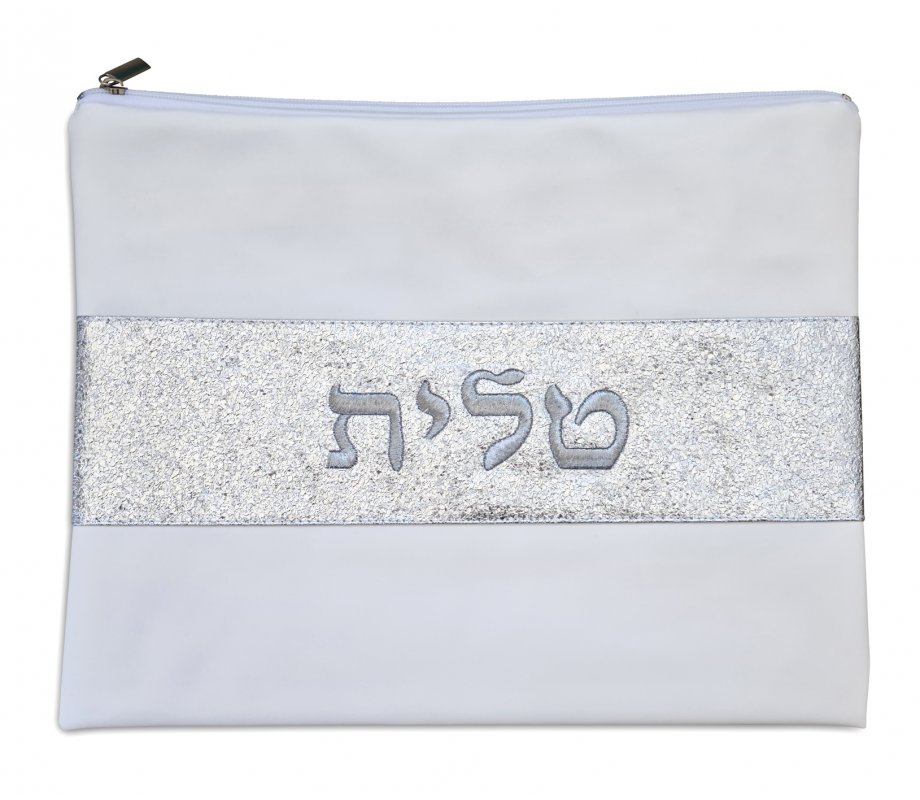 Tallit and Tefillin Bag in Off-White Faux Leather Glittering Silver Band Embroidered