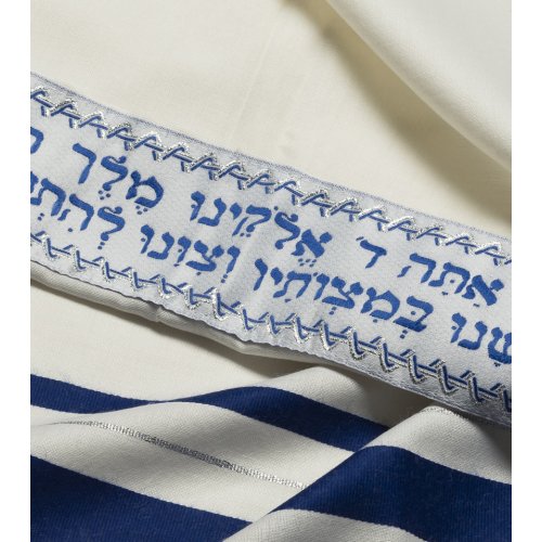 Traditional Tallit 100% Wool by Talitnia - Blue and Silver Stripes