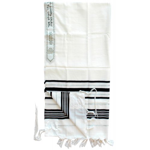 Traditional Tallit 100% Wool with Black and Silver Stripes by Talitnia