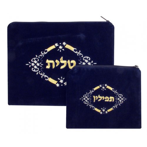 White Gold Flowers Dark Blue Velvet Tallit and Tefillin Bags