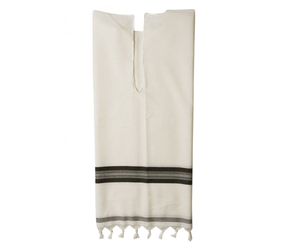 Wool Tallit Katan With Center Fringes Kosher with Black Stripes by Talitnia